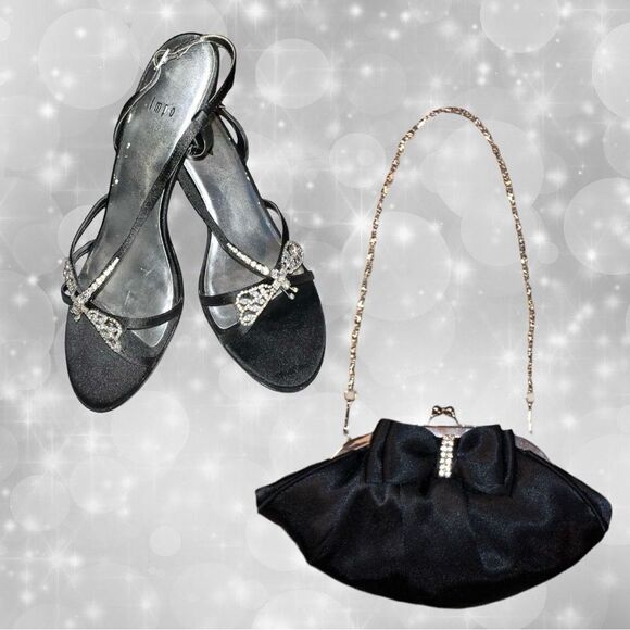 Impo black satin evening heels with rhinestone dragonfly! Ntn - Picture 2 of 9